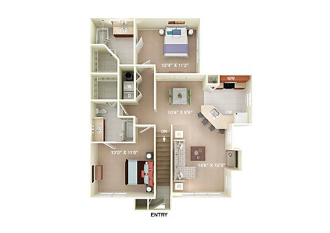 Floor plan for 2 beds, 2 baths, 1095 sqft